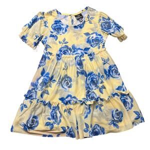 ZAC Kids Blue & Yellow Floral Dress Ruffle Flower Tiered Dress Size XS 4-5 New